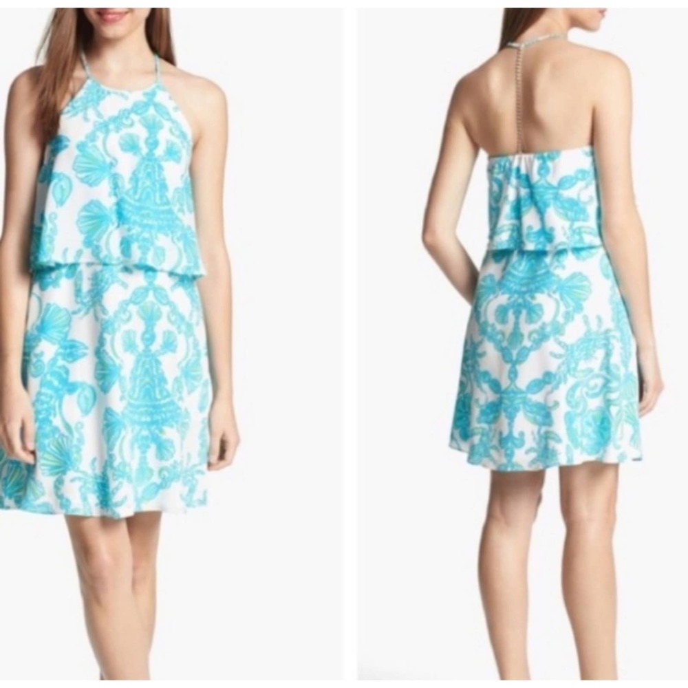 Lilly Pulitzer Whistler Blue White Silk Rhinestone Back Mini Dress 00